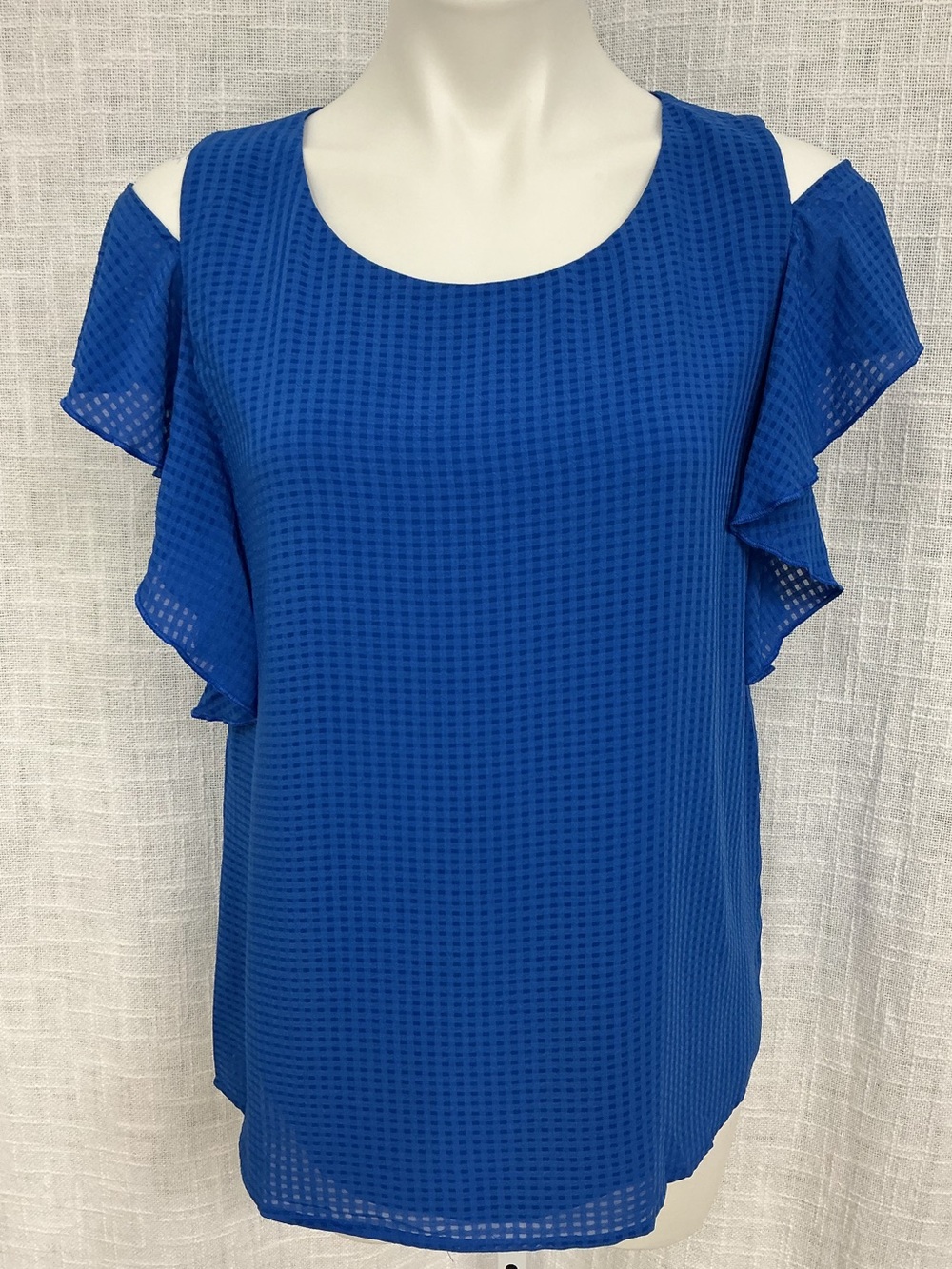 new directions Royal Blue Cold-Shoulder Ruffle Top—Small